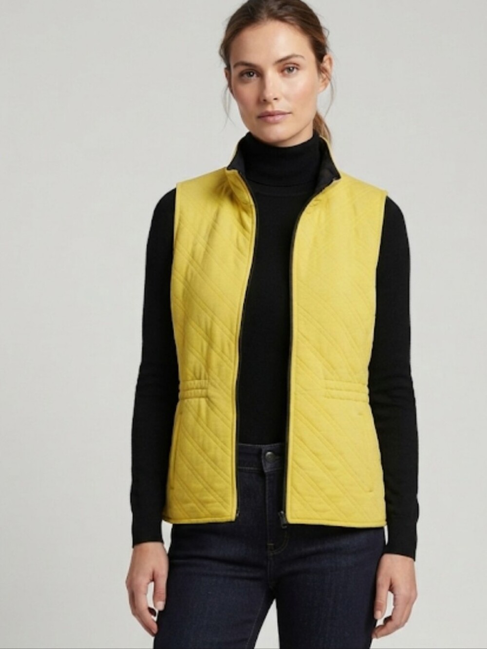 CAbi Size M Travel Reversible Quilted Vest‎ #927 Black  Lime Yellow EUC
